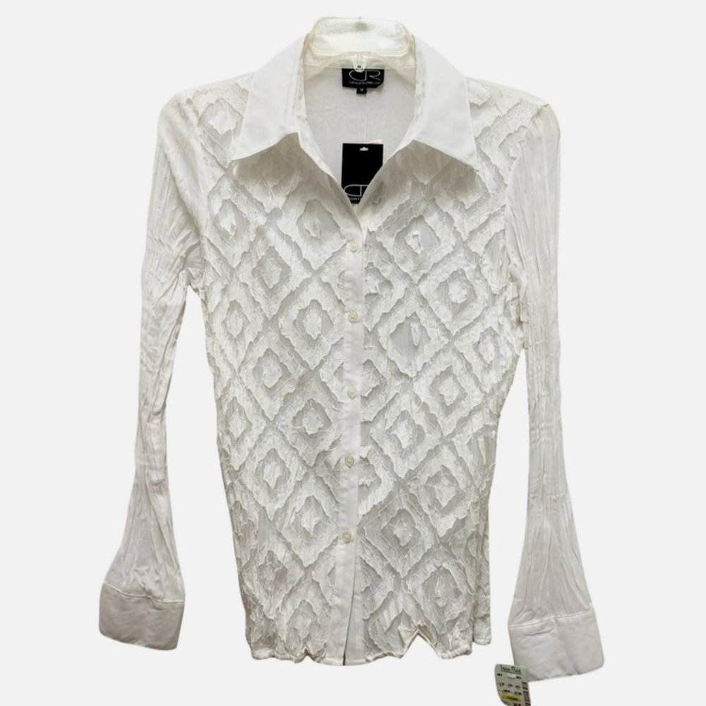 Women White Shirts Lace Front Long sleeve Collared Button Down Size M NWT